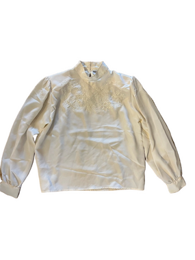 Vintage Elite International White Embroidered Mock Neck Blouse - Petite Size 12